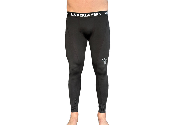 Men's black compression leggings, front view