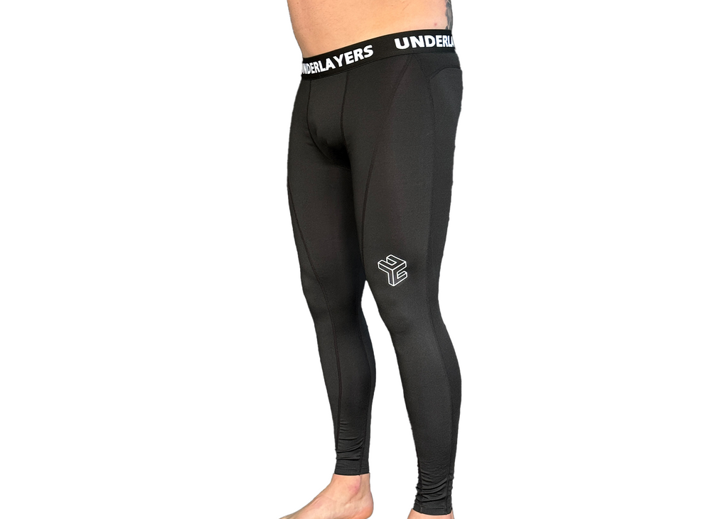 Men's black compression leggings, back view