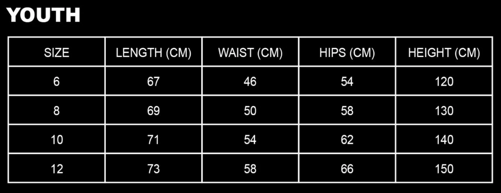 UNDERLAYERS youth compression leggings size chart